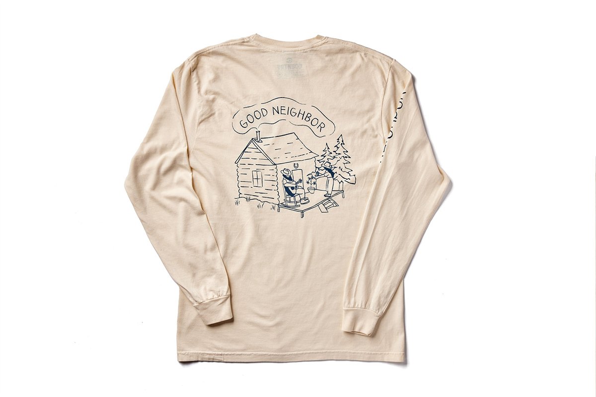 Back print of ivory Country Cannabis long sleeve. Navy good neighbor drawing on back.